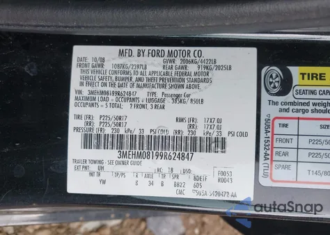 2009 Mercury Milan V6 Premier from USA, damaged, VIN 3MEHM08199R624847